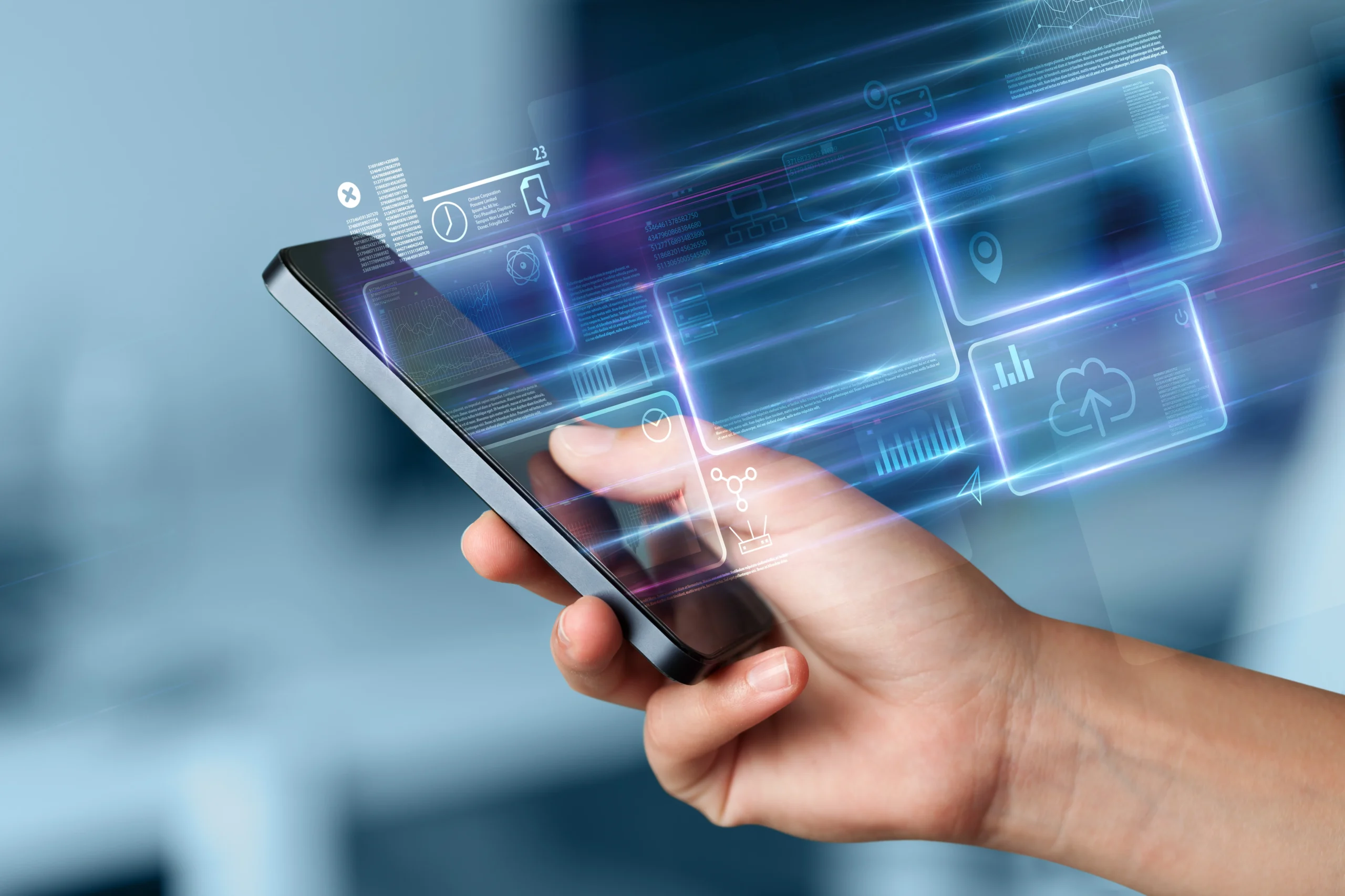 Hand using phone with database reports and online work concept